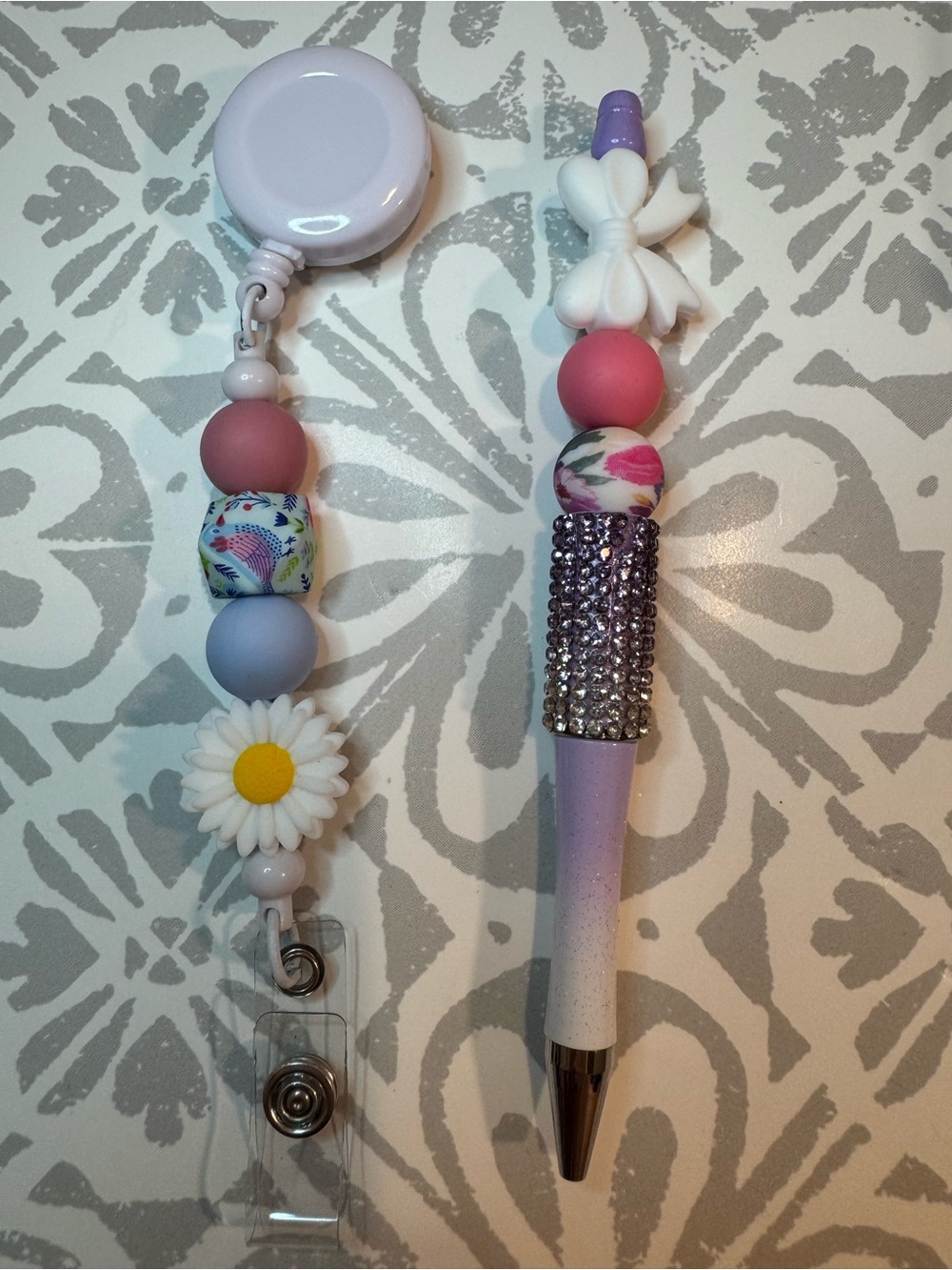 Purple Floral Beaded Pen and Badge Reel Set - Decorative Home Office Stationery
